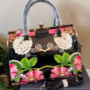 New Vintage Floral Black Satchel Handbag